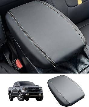 Center Console Cover for 2024 2025 2026 Ford Ranger Accessories Leather Armrest Cover Ranger XL/XLT/Lariat/Raptor Anti-Scratch Arm Rest Seat Cover Middle Console Lid Pad ProtectorBlack