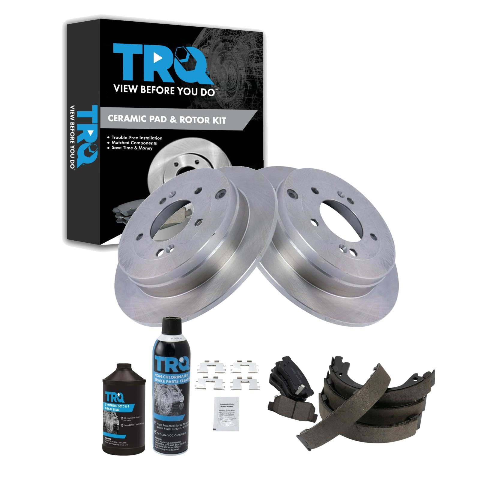 TRQ Rear Brake Pad &amp; Rotor Kit with Chemical Kit Parking Brake Shoe Set