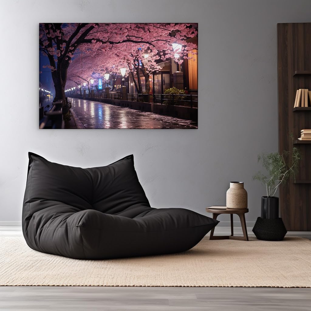 Canvas for Living room. Blossoms Under the Lamplight: An Enchanted Evening Stroll Through Cherry Tree Avenues, 27 x 18 inch Canvas Wall Art - Contemporary Masterpieces - Modern Home Decor