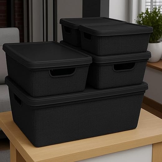 Caixa Organizadora com Tampa Kit 5 Peças Cesto Grande em Plástico 1,8 L 5 L 15 L - Rv-Ecommerce (Preto)