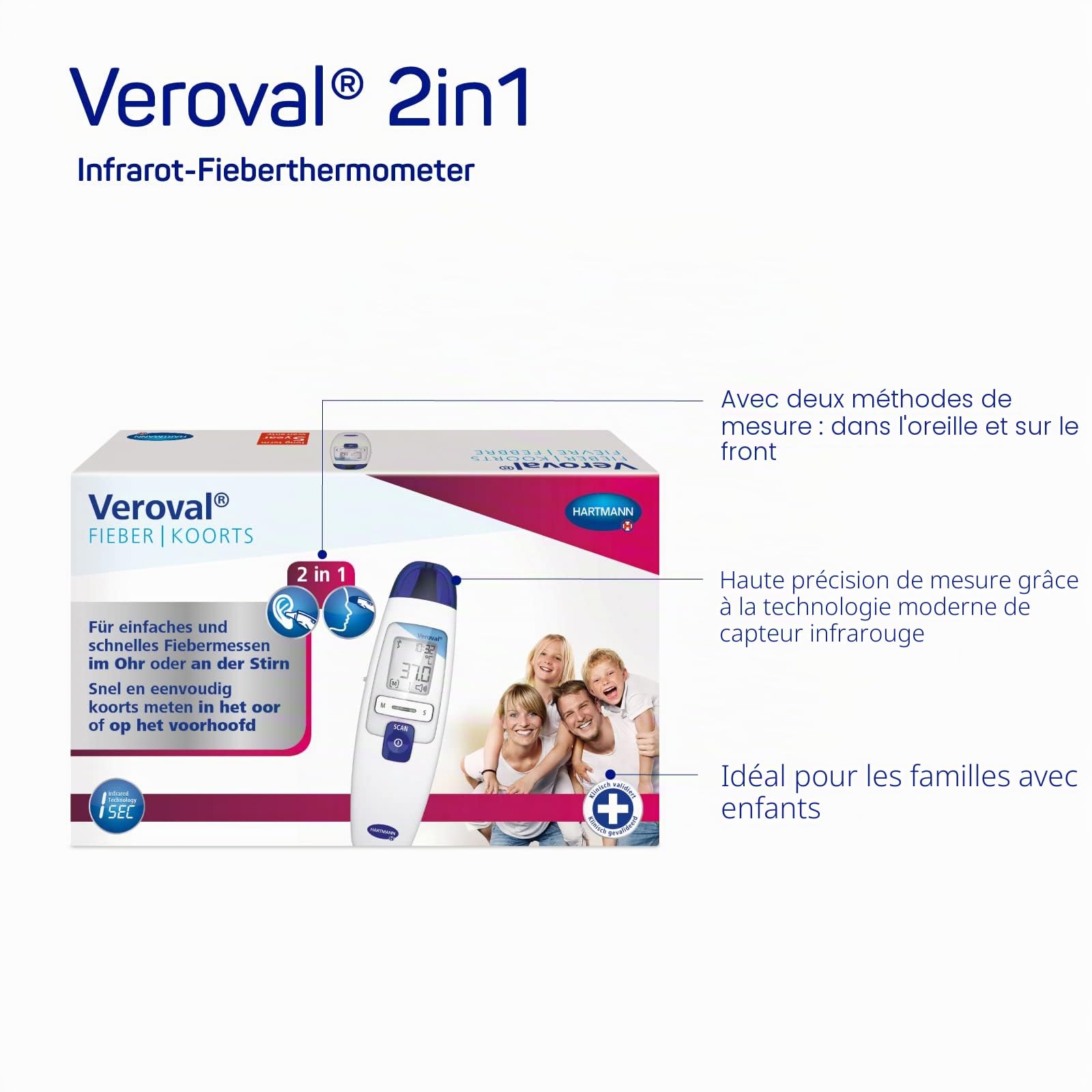 Veroval Thermomètre infrarouge 2 en 1 - Mesure rapide de la fièvre dans l'oreille et le front - Idéal pour les familles - Avec 10 capuchons de protection