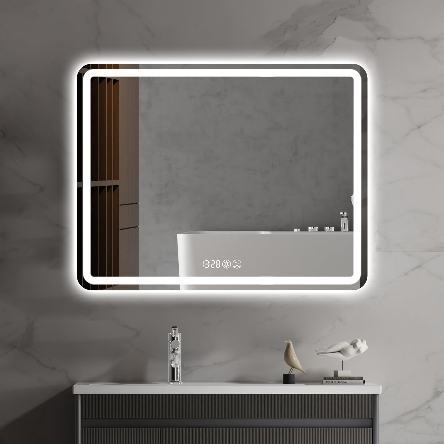LED Bathroom Mirror, 36 x 28 Inch Bathroom Mirrors for Over Sink, Smart Mirror with Time Temperature Display, Anti-Fog, Dimmable, Memory Function, 3 Colors Smart Bathroom Mirror, Front and Backlit