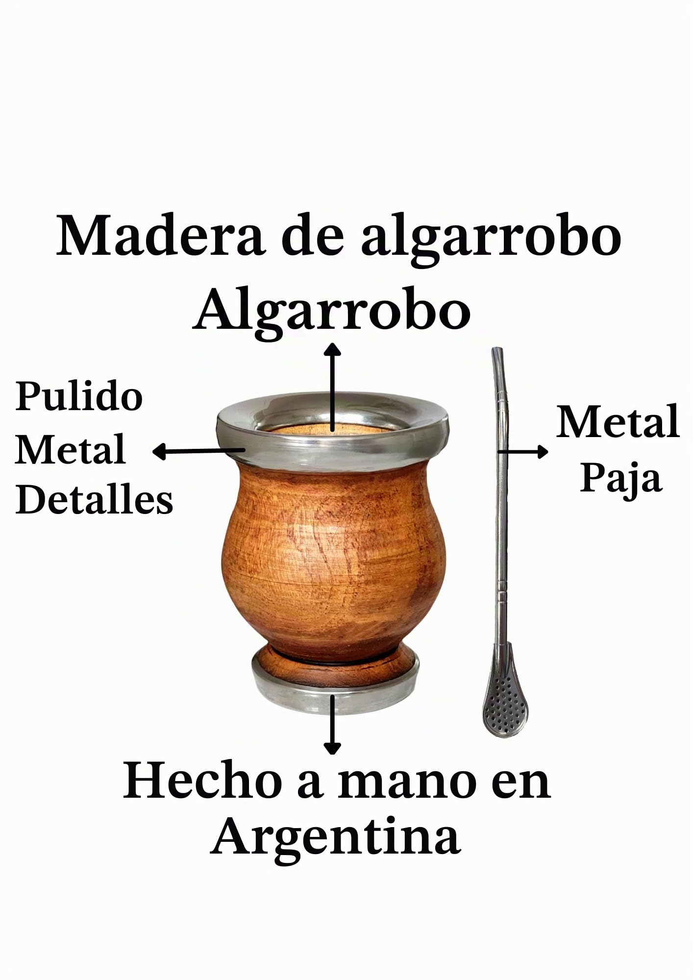 Vaso Mate Argentino Artesanal, Hecho a mano en Madera de Algarrobo con Borde y Base de Acero Inoxidable, Mate con bombilla, Gourd mate mug