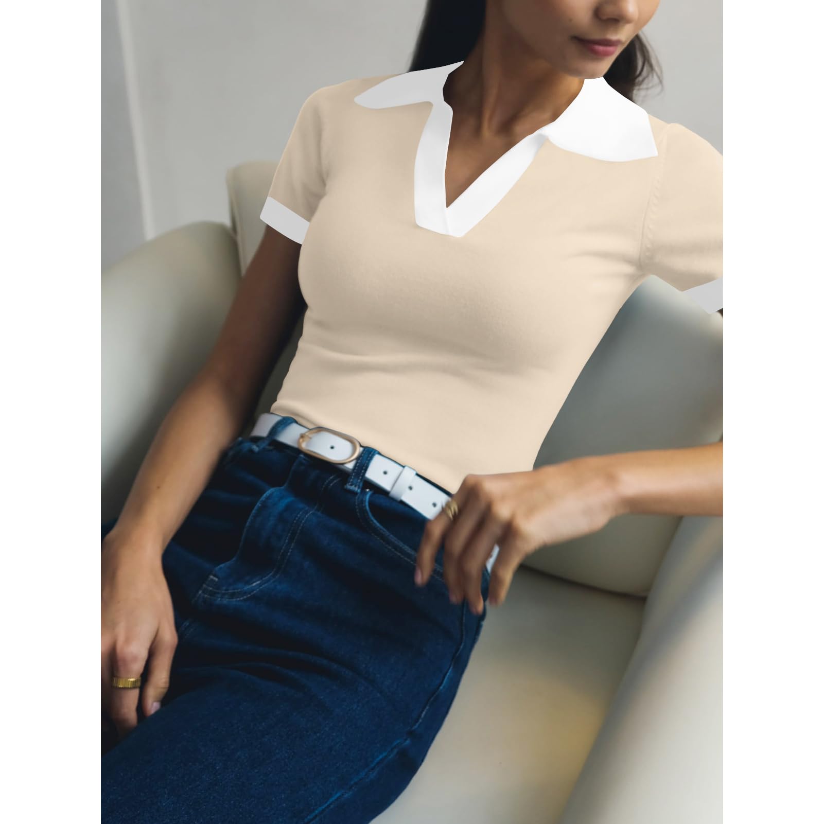 Polo de manga corta para mujer, cuello en V, cuello en V, bloque de color, camiseta de golf