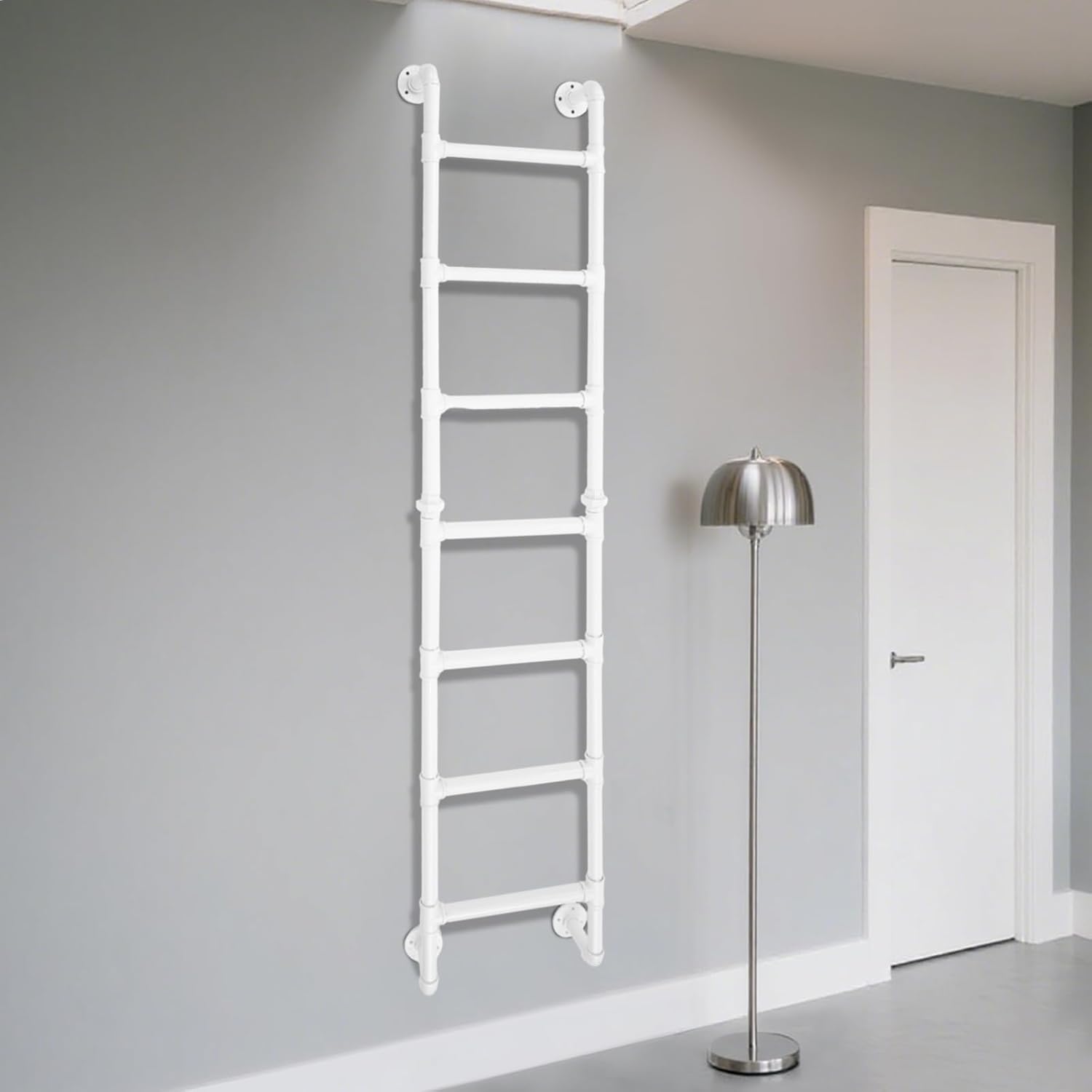 7FT Wall Mounted Step Ladder, Basement Window Well Egres Ladder 330lbs Capacity, Wrought Iron Pipe Frame Outdoor Climbing Industrial Step, Fire Emergency Escape Ladder for Attic Dorm RV Deck (White)