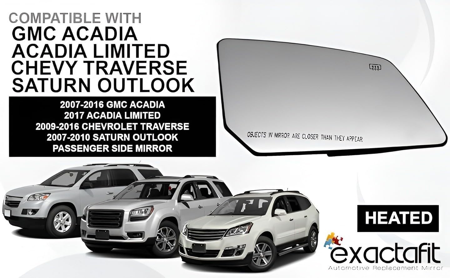 Passenger Side Mirror Glass For 2009-2016 Chevy Traverse, 2007-2017 GMC Acadia, 2007-2010 Saturn Outlook Right Door Mirrors With Back Plate 15951928 GM1324119 Heated
