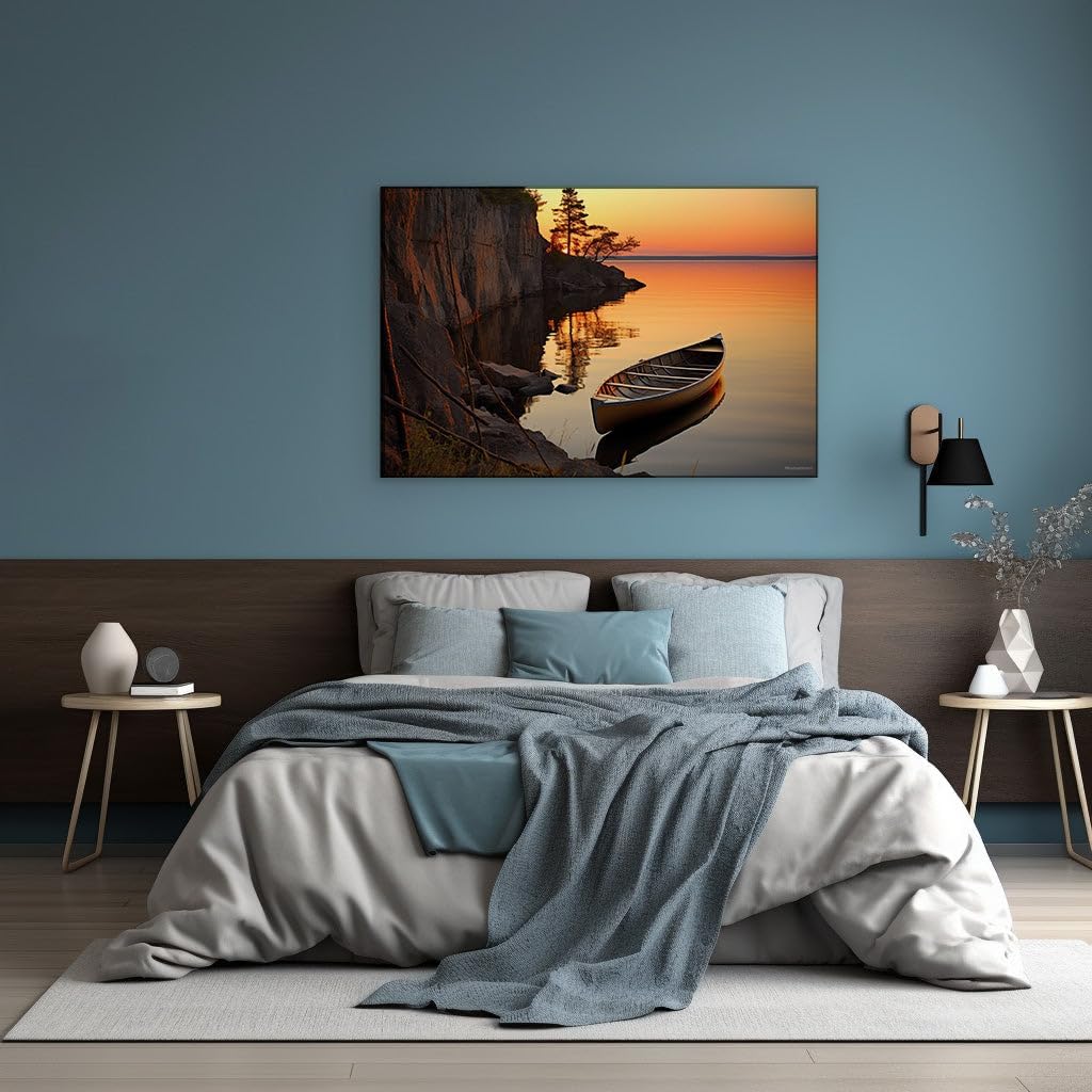 Canvas for Living room. Serene Sunset Solitude: Embracing Tranquility at the Lakeside, 27 x 18 inch Canvas Wall Art - Beach Sunsets And Sunrises - Modern Home Decor
