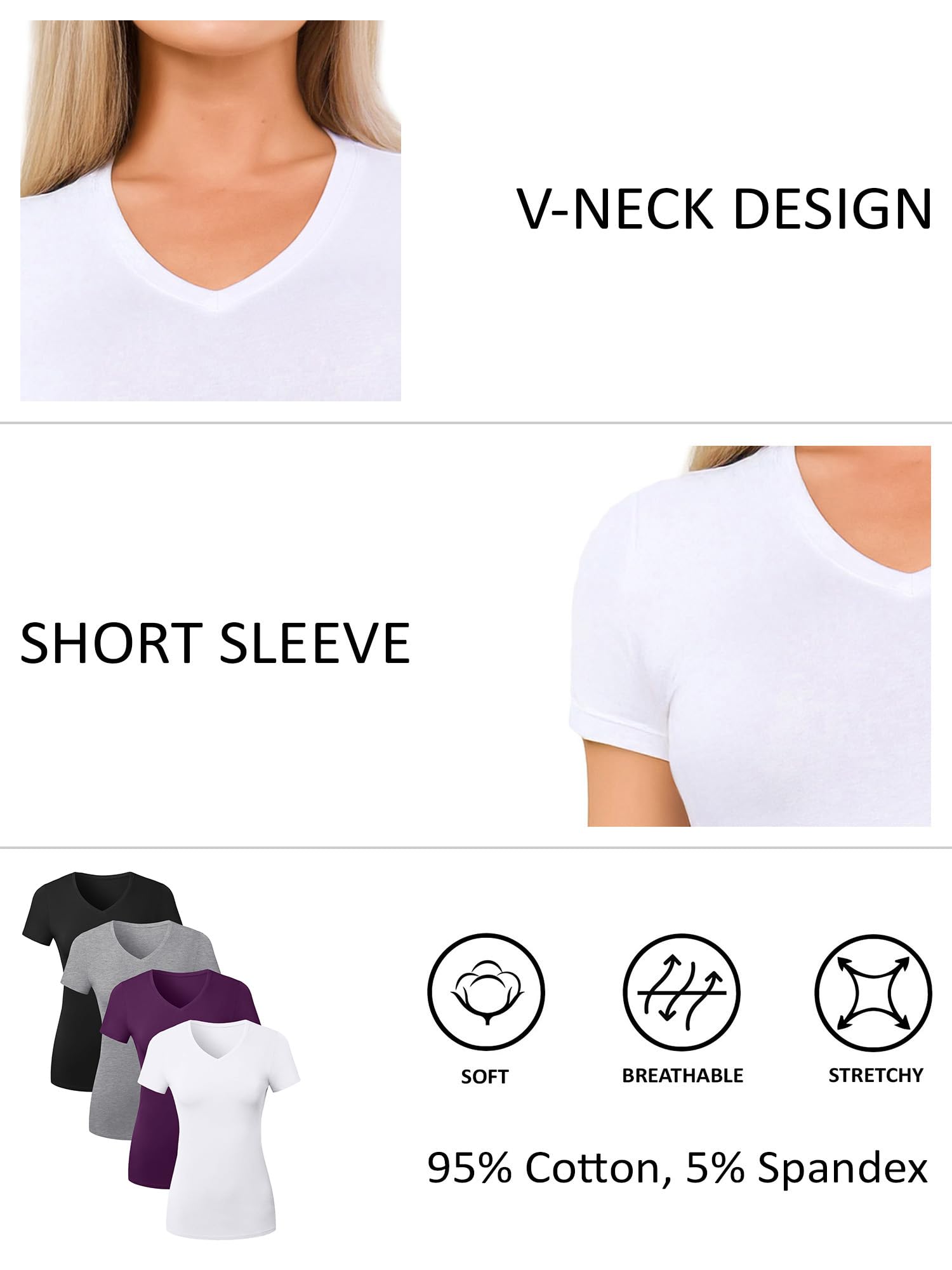 Camisetas de algodón con cuello en V para mujer, camiseta de manga corta, camisetas básicas con cuello en V, camisetas interiores para mujer, paquete múltiple, Paquete de 4: negro, gris