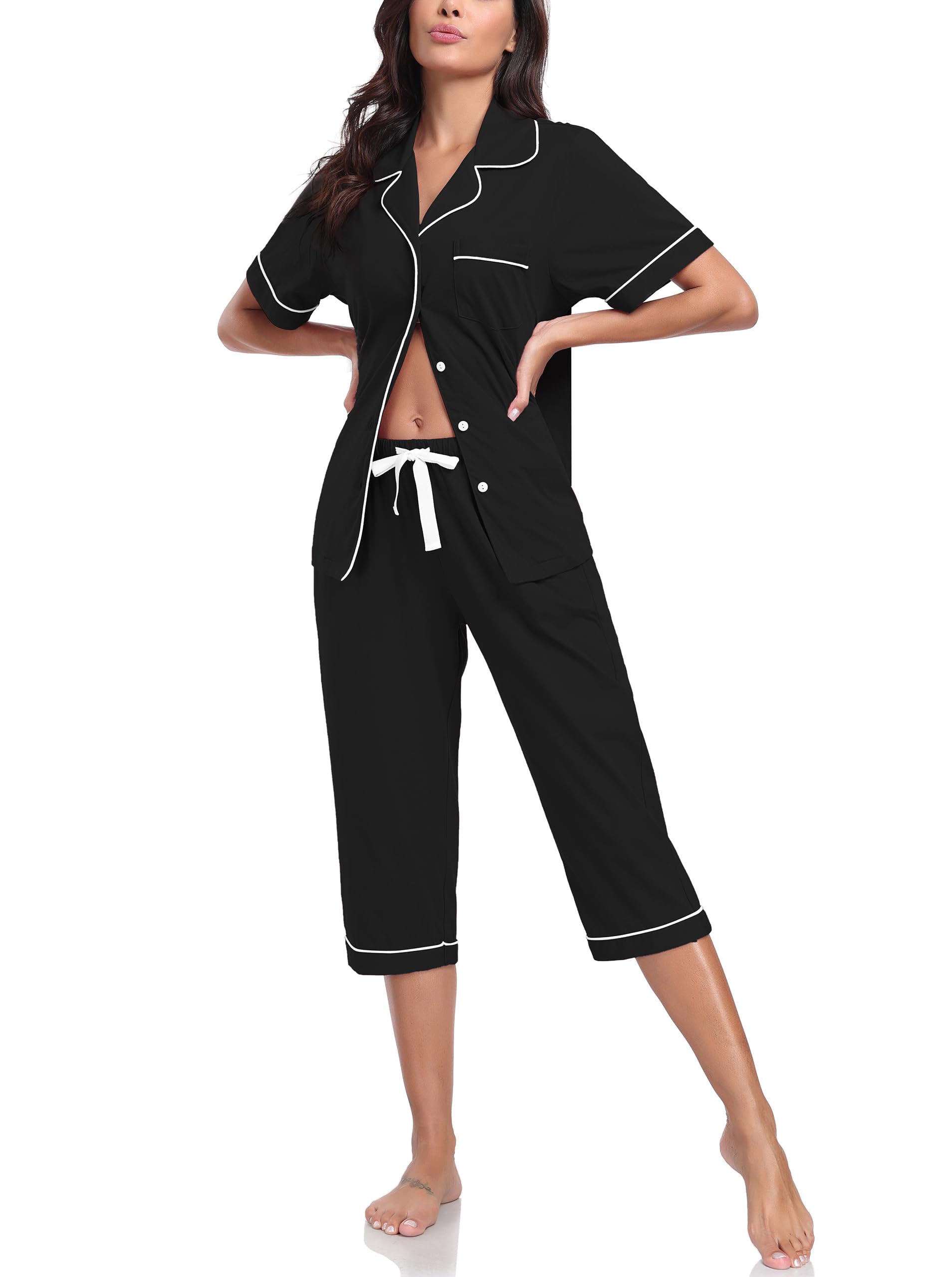 EA'S SECRET 100% Baumwolle Schlafanzug Damen Kurzarm-Oberteil 3/4 Hose Pyjama-Set V-Ausschnitt Knopfleiste Sommer S-XXL