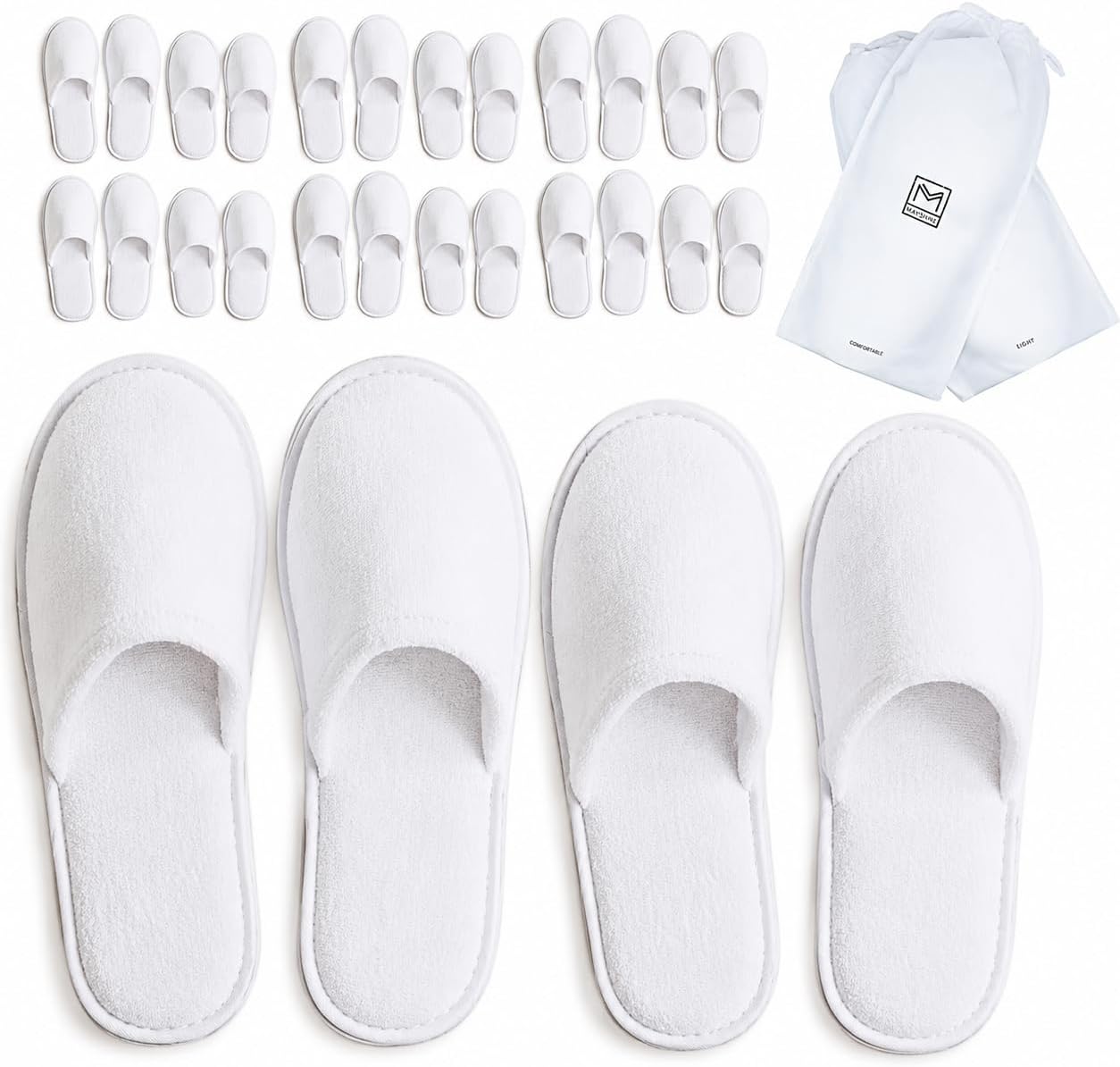 Spa Slippers, 12 Pairs Cotton Velvet Closed Toe Disposable Slippers for Guests with Travel Bags, Bathroom, Bedroom, Hotel, House, Bride, Travel and Shoeless Home (6 Large 6 Medium) White