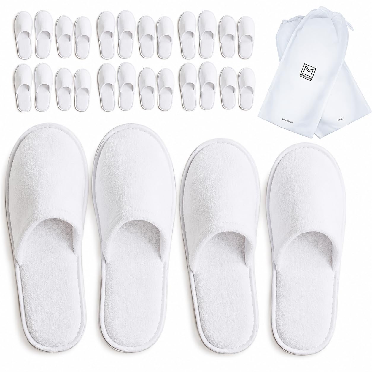Modlux Spa Slippers, 12 Pairs Cotton Velvet Closed Toe Disposable Slippers for Guests with Travel Bags, Bathroom, Bedroom, Hotel, House, Bride, Travel and Shoeless Home (6 Large 6 Medium) White