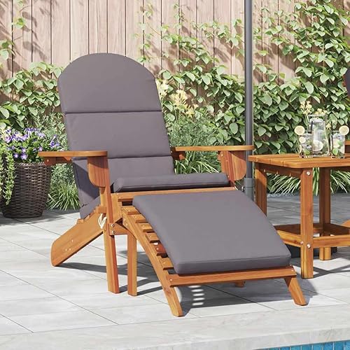 Adirondack Garden Chair with Dark Grey Cushion, Solid Acacia Wood, Oiled Finish, Foldable Outdoor Lounge Chair with Footrest for Patio, Deck, or Lawn