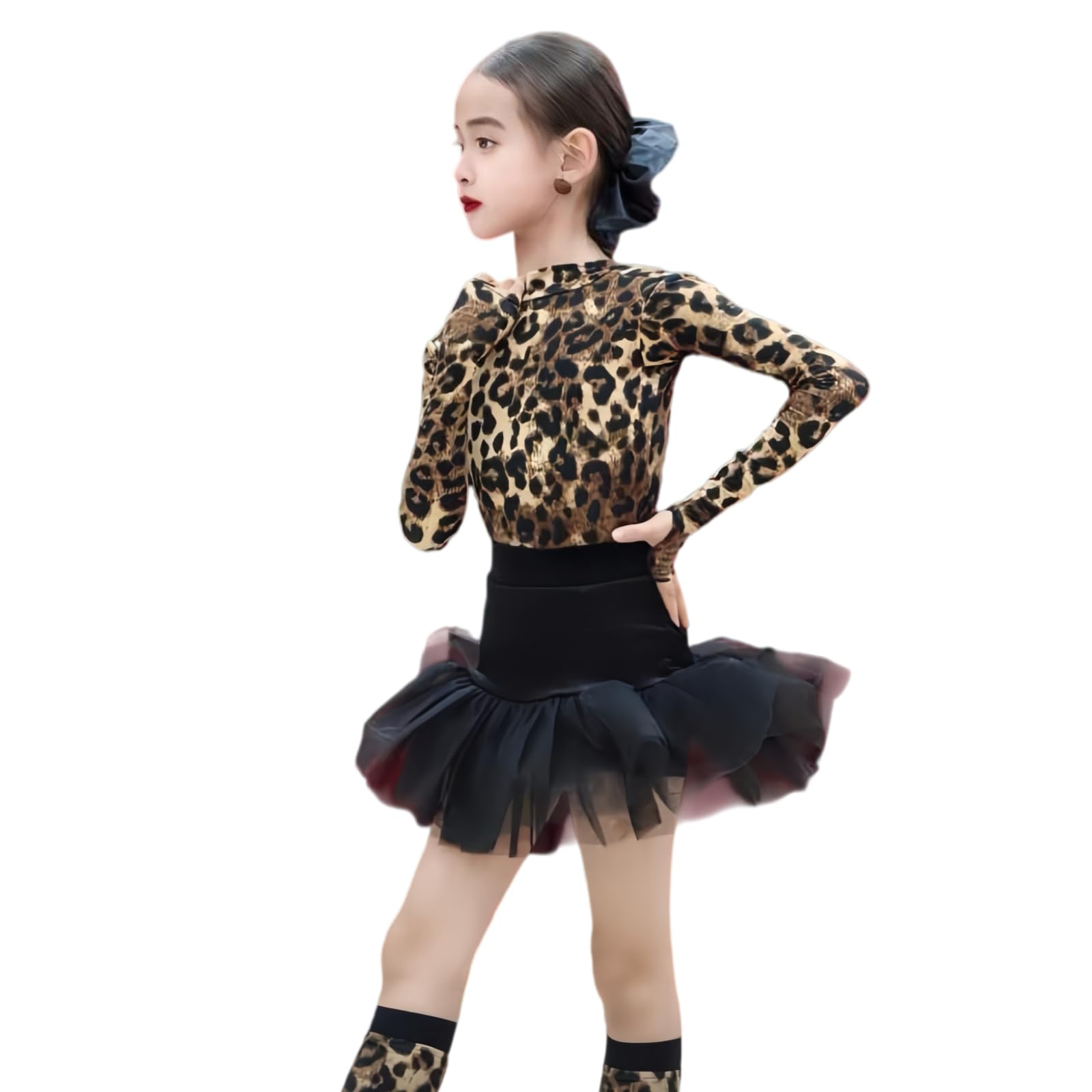 Completo Danza Latina Due Pezzi per Ragazze, Abito Danza Latina Collo Alto | Top Da Danza A Maniche Lunghe Con Stampa Leopardo Gonna Volant Scaldamuscoli Abbinati Per Cha Cha Samba Rumba Tango