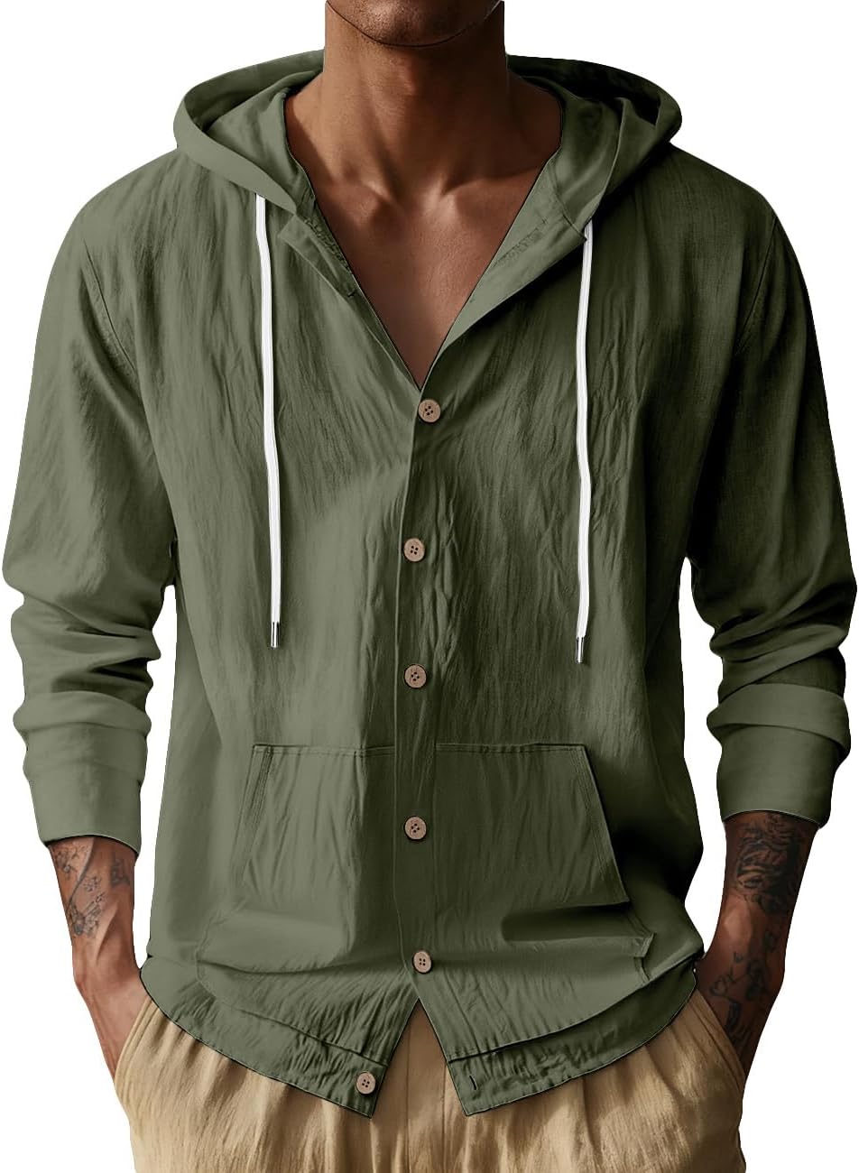 QOSOQ Linen Shirts for Men Casual Long Sleeve Button Down Shirts with Pocket Hoodies Shirt Lightweight Fashion Tops Vacation