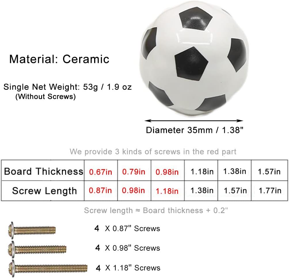 Heavy Ceramic Soccer knobs Football Knobs, 4 Packs Ball Sports Party Theme Children and Baby Home Decor Drawer Knobs Pulls Handles for Dresser Cupboard Wardrobe Cabinet Kitchen (4, Soccer-w)