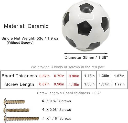 Miniatura 2 de Pomos de fútbol de cerámica pesada, paquete de 4 pomos de fútbol con temática de pelota deportiva para niños y bebés, decoración del hogar, pomos