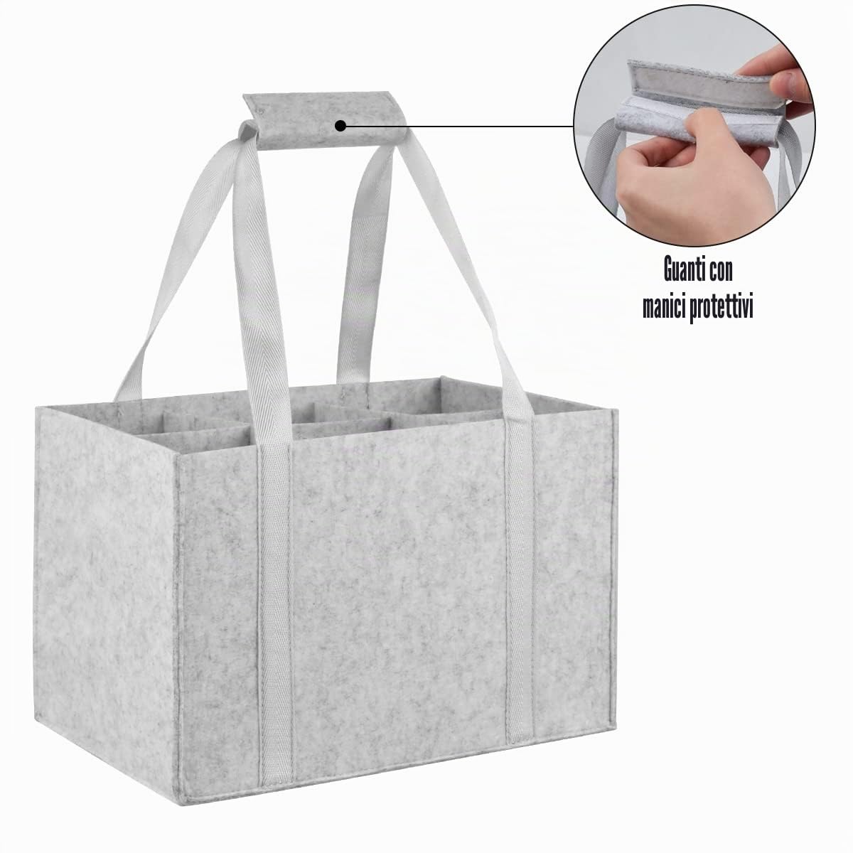 Borsa Portabottiglie Acqua, Porta Bottiglie in Feltro Resistente con 6 Scomparti, Buste Porta Bottiglie d'Acqua, Borse Portabottiglia per Vino per Campeggio 1,5 L di Birra(Grigio), 29*18*18cm