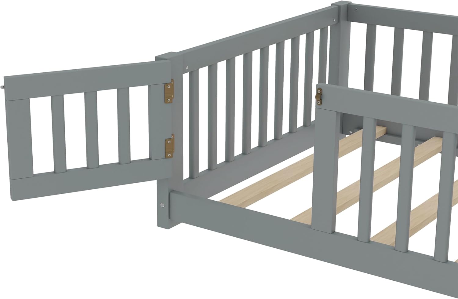 Twin Size Floor Bed for Kids Wood Montessori Floor Beds with Fence Railings & Support Slats for Kids Floor Bed Twin with Door for Boys Girls, No Box Spring Needed and Childlike Fun Design, Gray