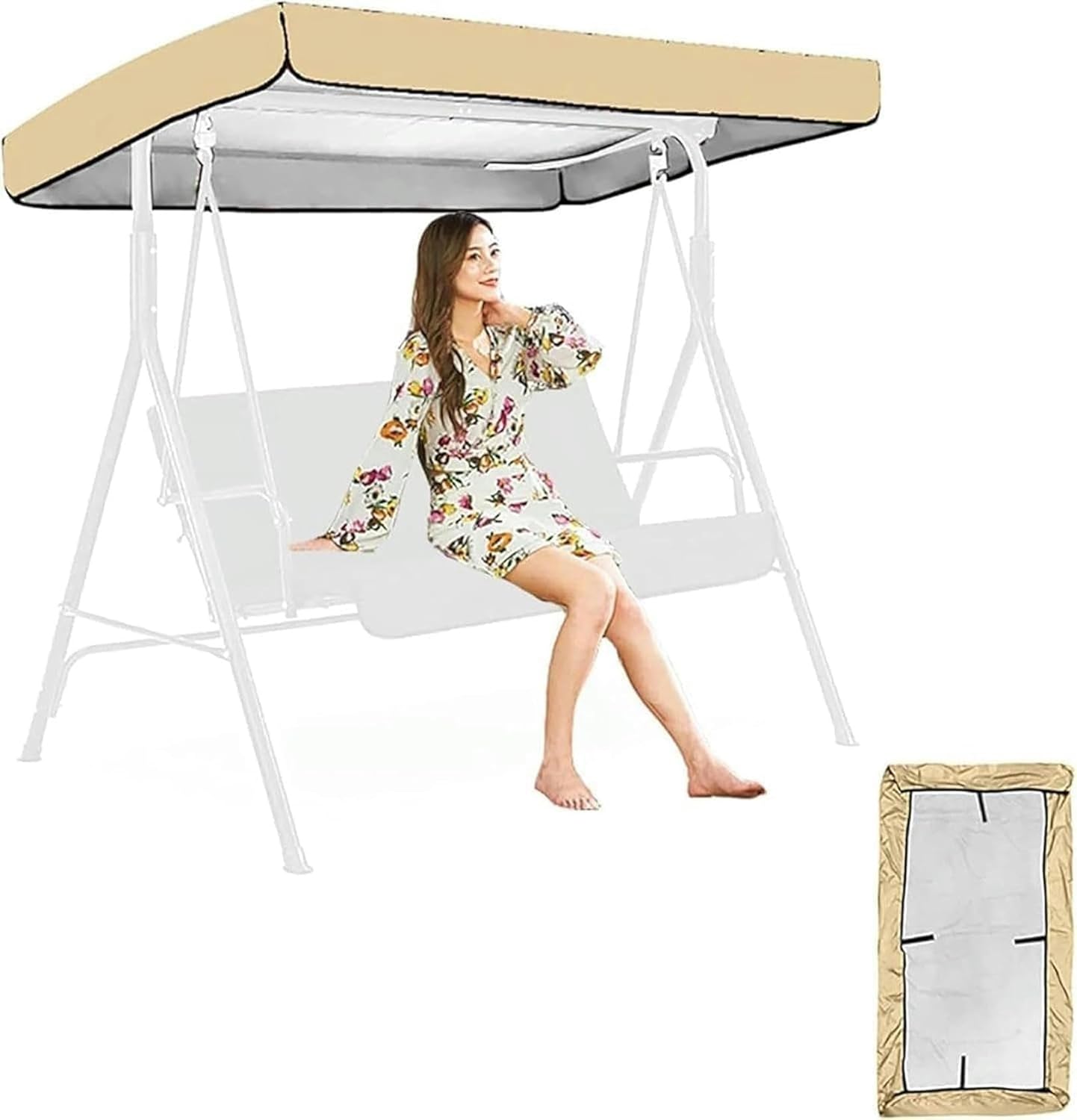 Patio Swing Chair Canopy Replacement 3 Seat Porch Swing Canopy Outdoor Porch Swing Seat Canopy Cover Waterproof Windproof Sun Shade Awning Cover (Color : Gray, Size : 75x47x9inch), Beige