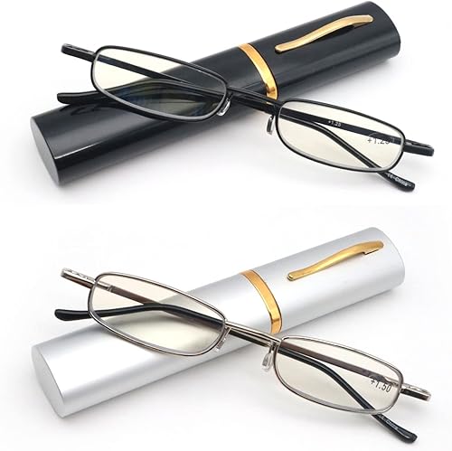 Miniatura 2 de Paquete de 2 lentes de lectura con bolígrafo delgado, tubo pequeño, lectores elegantes, para mujeres y hombres, con bisagras de resorte con estuche