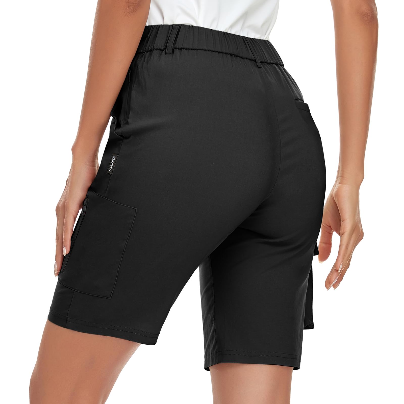 Soneven Léger Shorts Cargo Femme Été Taille Elastique Pantalons Court Taille Haute Fermeture éclair pour Randonnée Golf Loisir Safari avec Poches Zippées