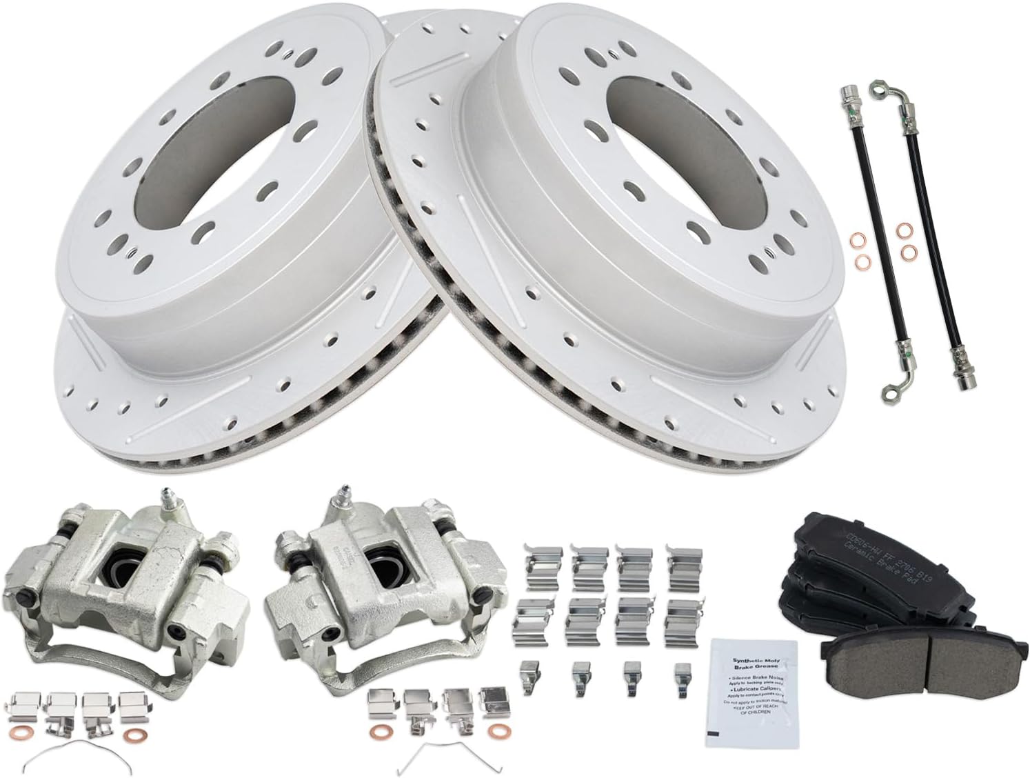TRQ Rear Brake Pad and Rotor Set Ceramic Slotted Drilled Calipers Compatible with 2010-2021 Lexus GX460 2010-2020 Toyota 4Runner