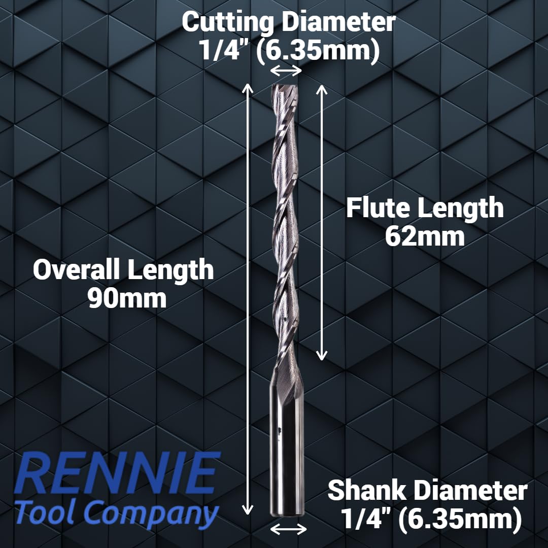 1/4" (6.35mm) x 62mm Flute x 1/4" Shank Solid Carbide Spiral 2 Flute Up Cut Router Bit for Wood Hard Wood - Image 2