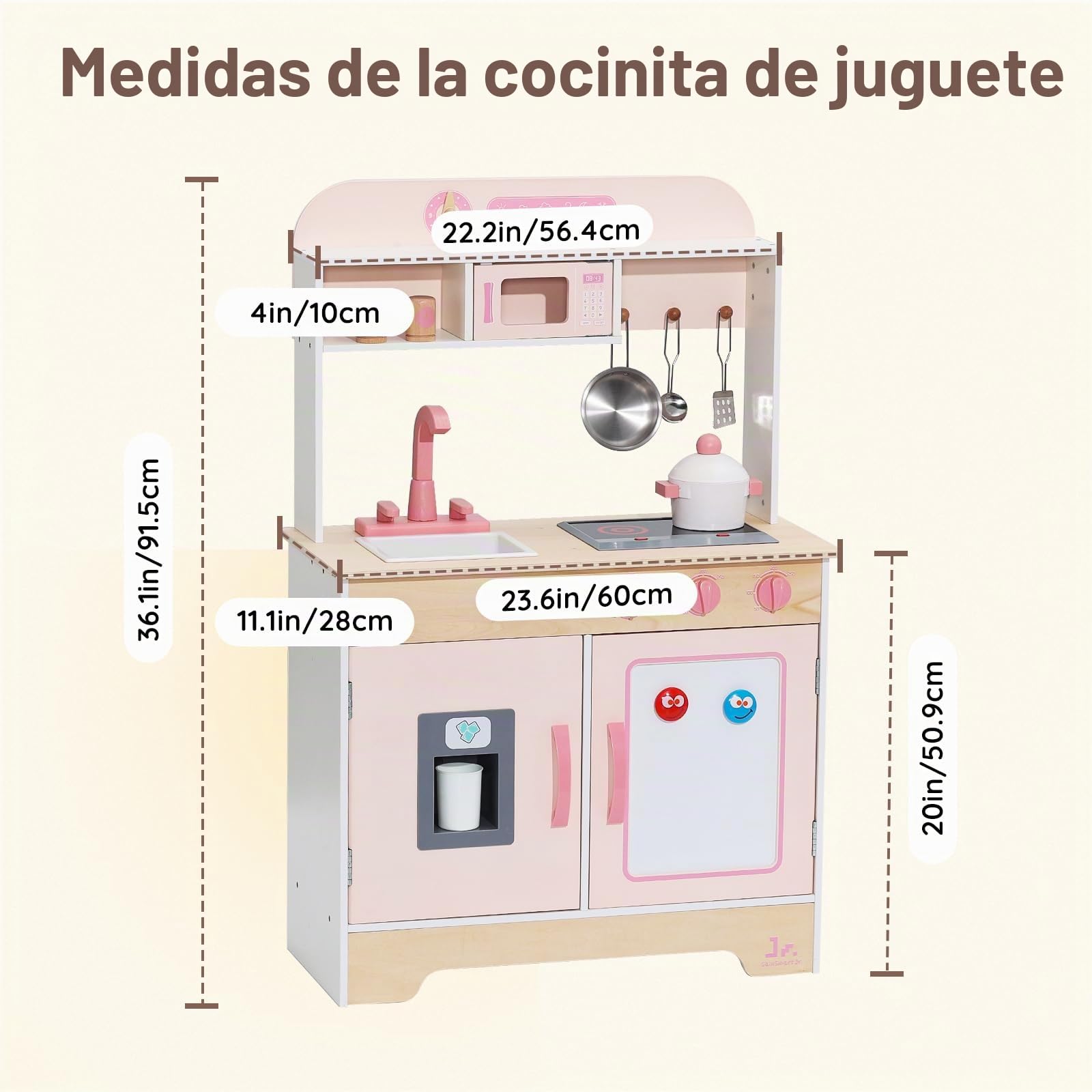SainSmart Jr. Cocina de madera para niños – Juego de cocina premium para niños – Incluye estufa, refrigerador y accesorios para niñas, rosa