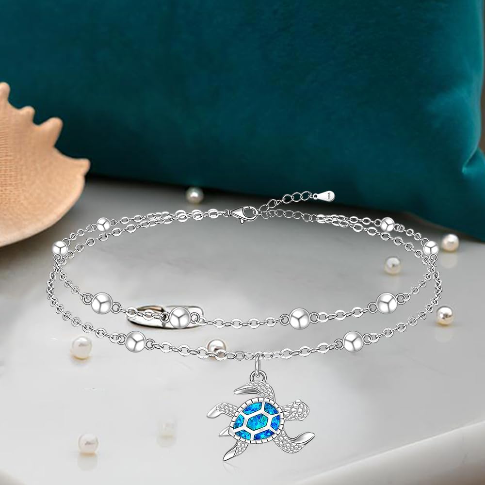 Sea Turtle Anklet Opal Turtle Anklets Ankle Bracelets for Women 925 Sterling Sliver Jewelry Pendant Beaded Multi Layers Adjustable Sea Shell Beach Foot Marine Animal Birthday Hawaii - Image 7