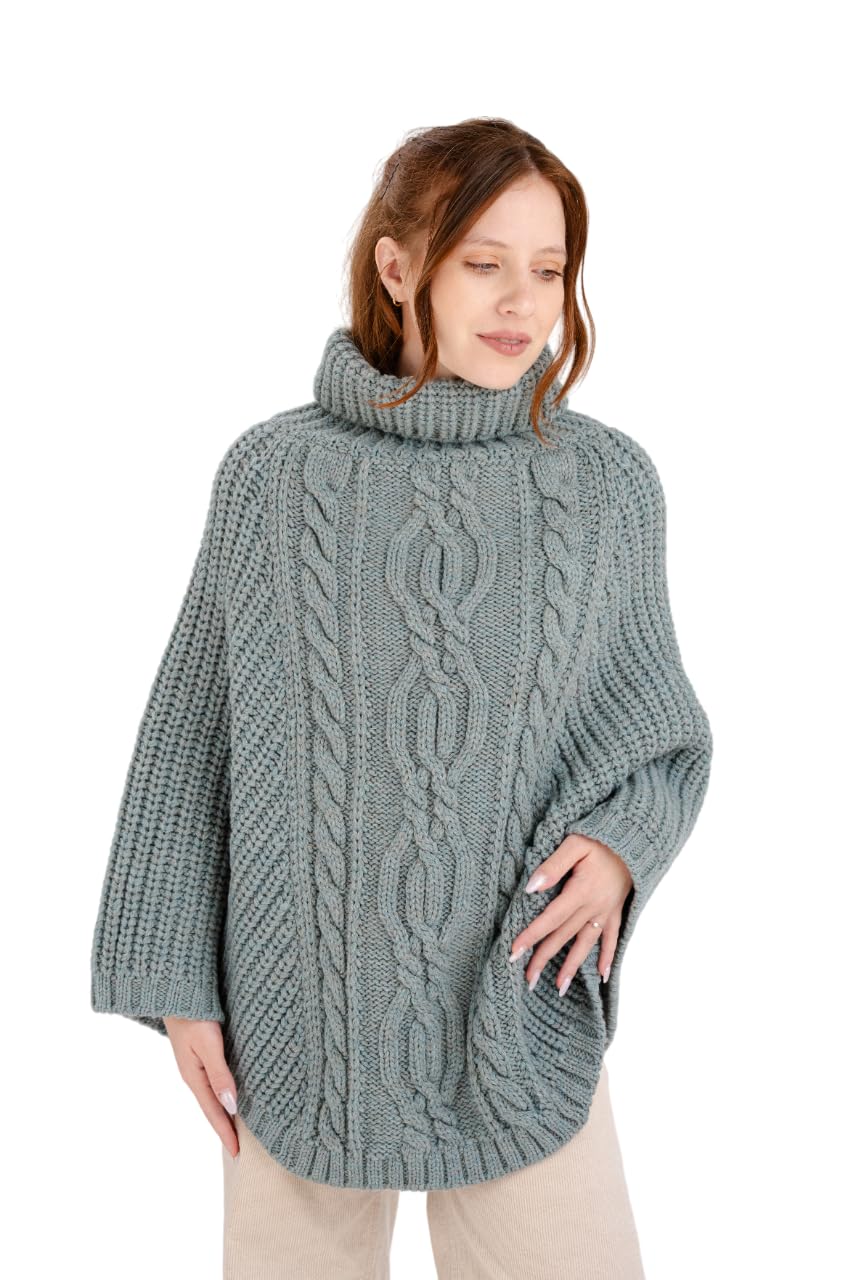 SAOL 100 Merino Wool Cable Knit Ladies Irish Aran Poncho Cardigan