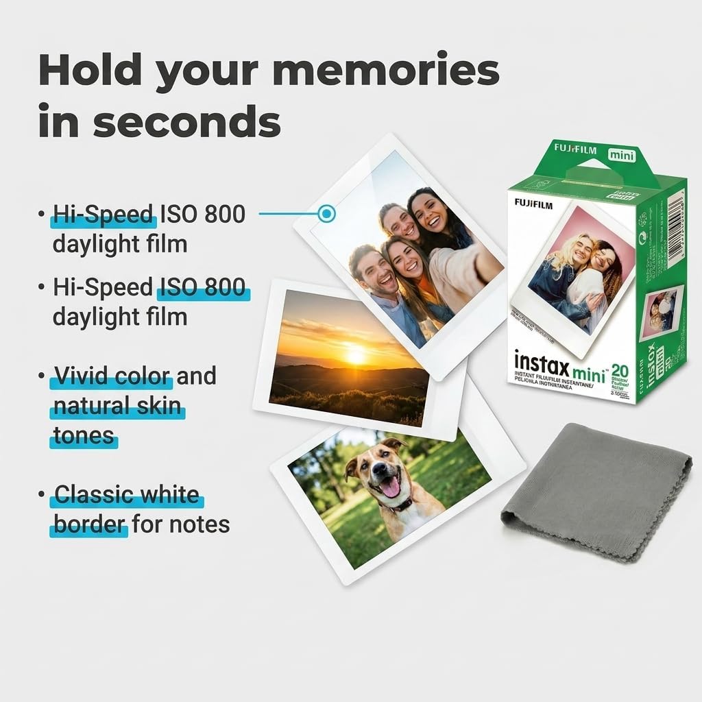 Fujifilm Instax Mini Instant Film, 20 Sheets – White Daylight ISO 800 for Instax Mini 13, 12, 11, 41 Cameras –Bundeld with The Tudak Store Microfiber Cleaning Cloth