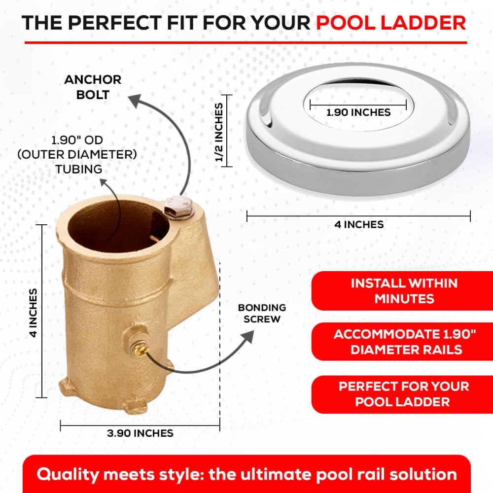 Brass Pool Rail Anchor and Escutcheon Set – 2 Pack Inground Anchors with 4" Depth – Fits 1.90" OD Tubing – Heavy-Duty Mounting Kit for Pool Handrails and Ladders - 2 Pack - Image 2