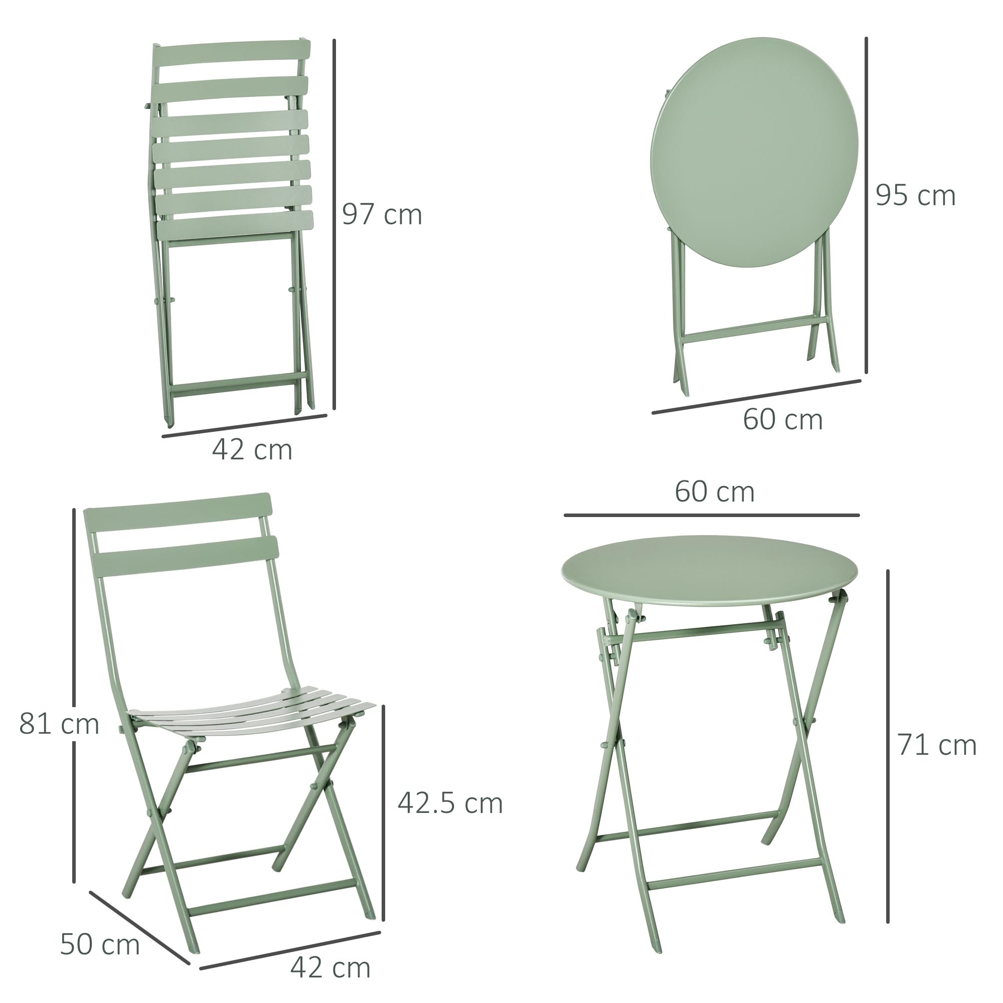 Outsunny Tavolino con Sedie da Giardino Pieghevoli in Acciaio Verde, Set 3 Pz per Balcone, Terrazzo, Esterno