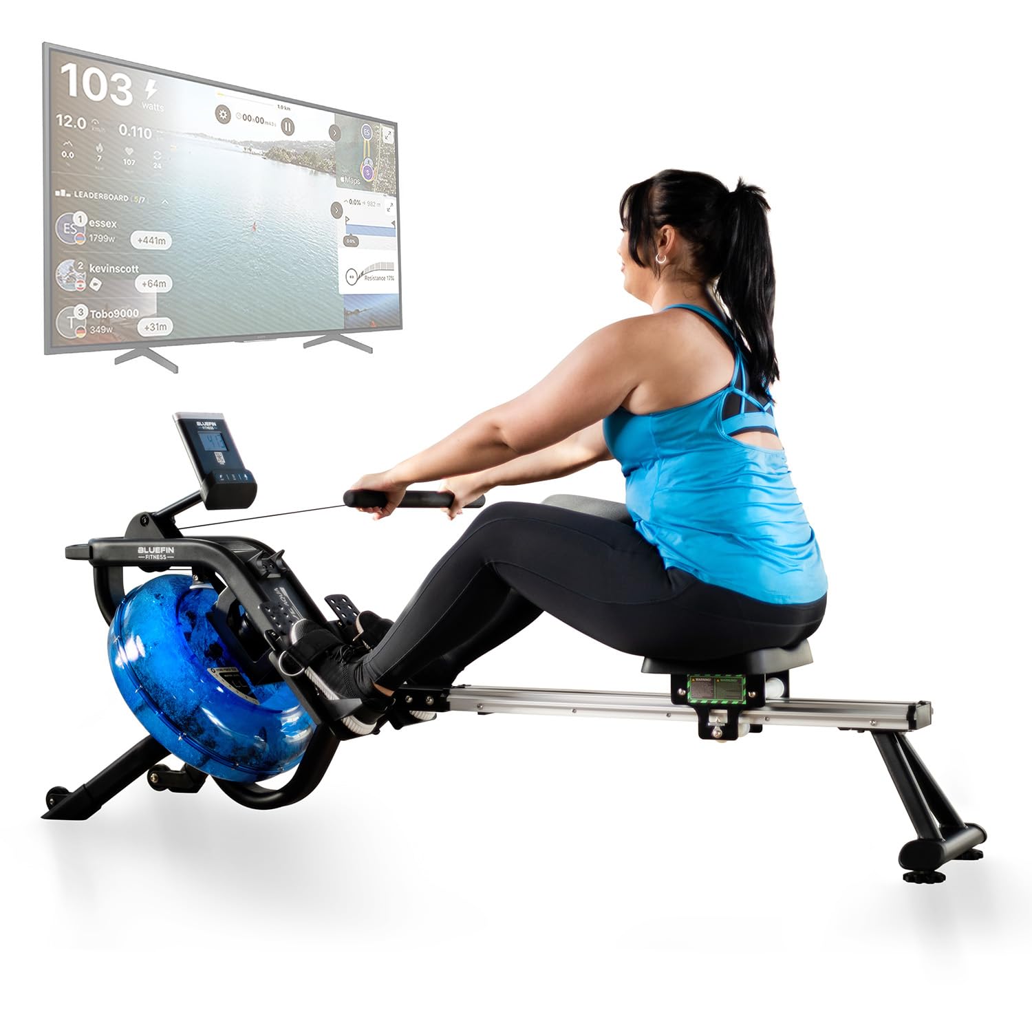 Bluefin Fitness Blade Aqua W-1 - Vogatore pieghevole per resistenza all'acqua, vogatore Blade Aqua M-1, console fitness digitale LCD, integrazione app, allenamento in palestra a casa, perdere peso e