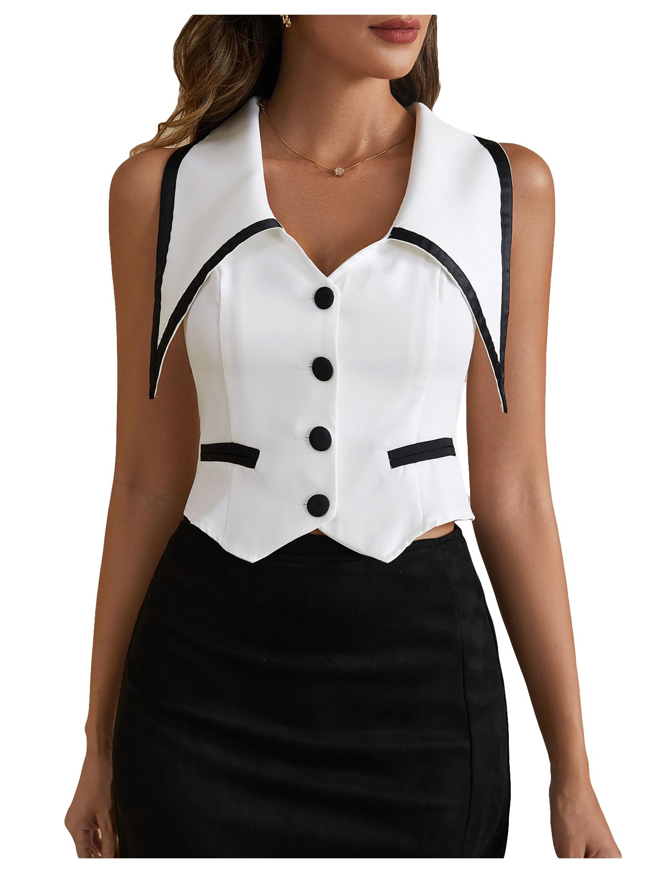 Womens Button Up Cropped Blazer Vest Elegant Lapel Collar Work Office Waistcoat