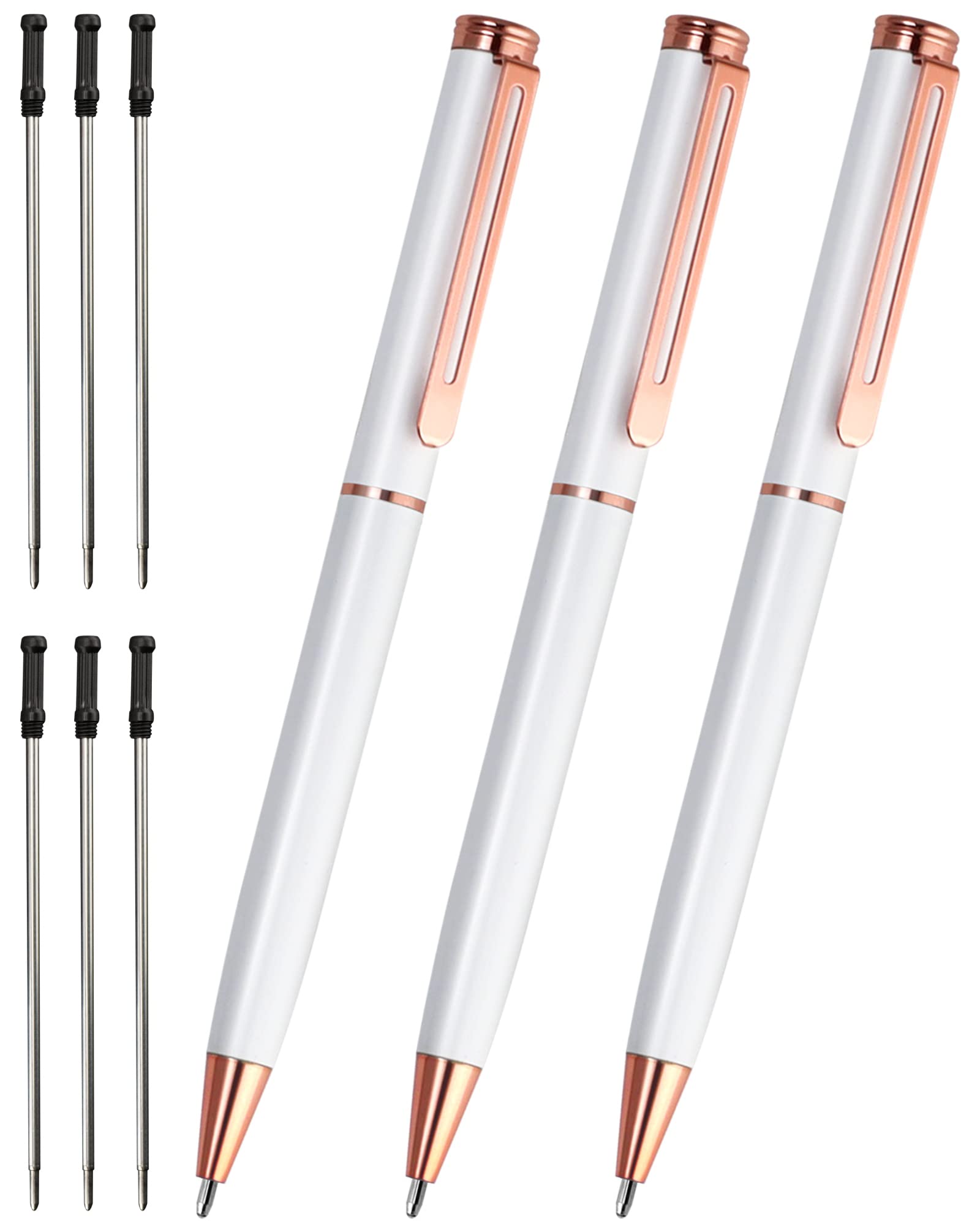 Cambond Ballpoint Pens White Pen - Fancy Pens Black Ink 1.0 mm Medium Point Retractable Metal Pen Smooth Writing for Men Women Police Uniform Office Business, 3 Pens with 6 Refills (White)