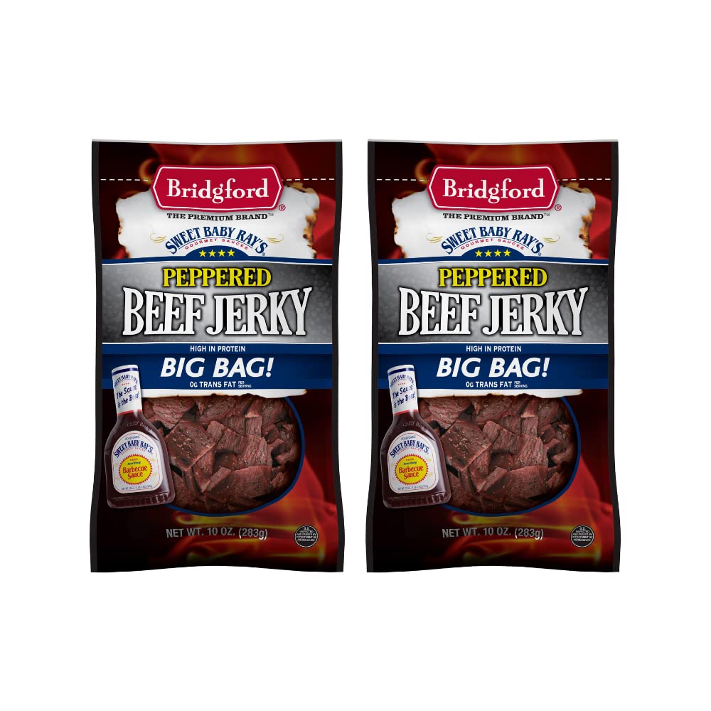 BridgfordSweet Baby Ray’s Beef Jerky Peppered 10 oz Pack of 2 - Healthy Peppered Beef Jerky for Your Dietary Preferences - Ready-to-Eat Snacks for On-the-Go Snacking and Busy Lifestyles