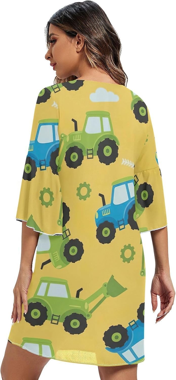 Cute Blue Green Tractor Yellow V Neck Line Dress Printed Line Maternity Dress