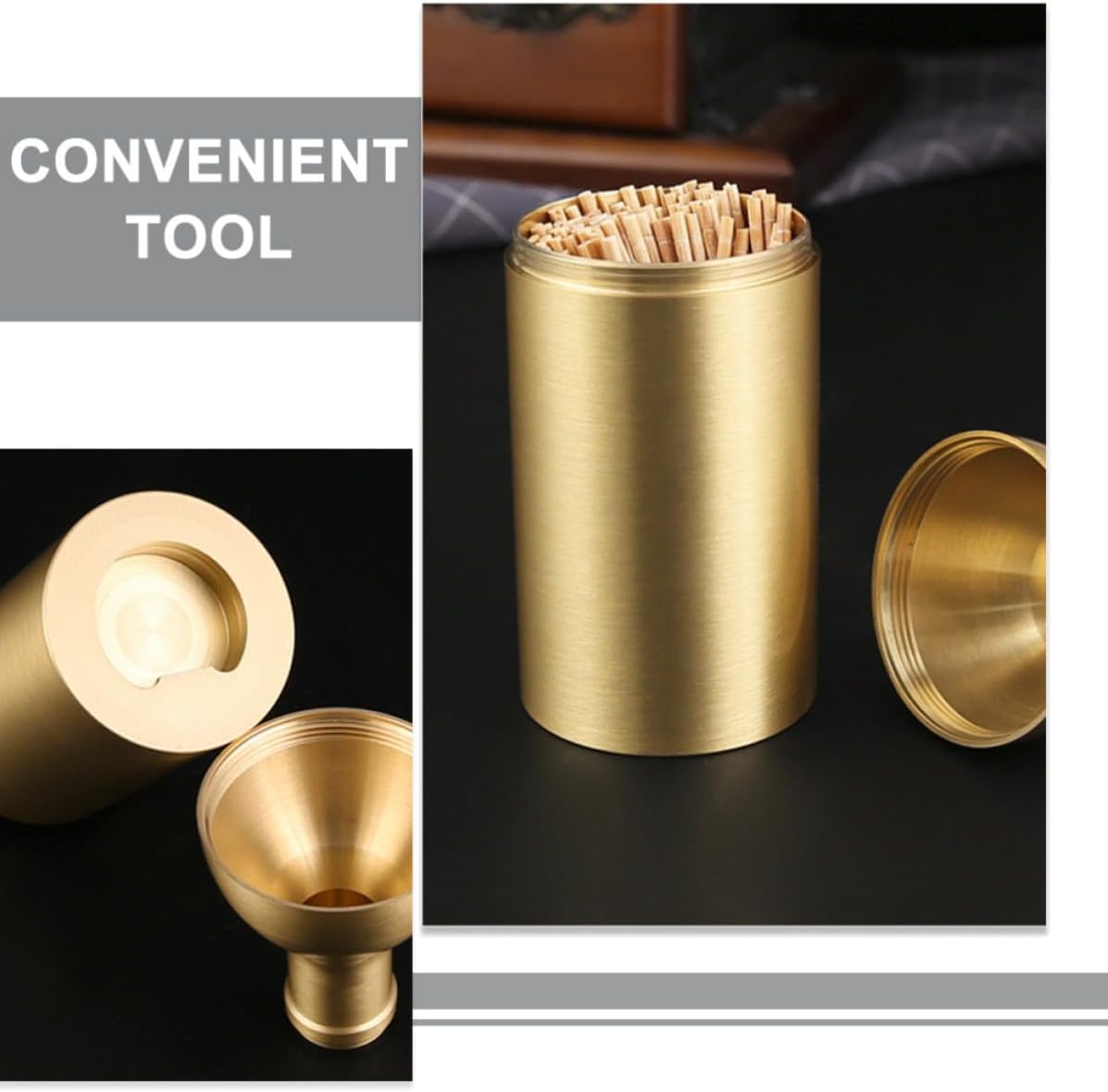 Brass Toothpick Holder Dispenser with Comfortable and Efficient Bottle Opener, Space-saving Stylish Toothpick Case for Home and Occasions, Chic Golden Trinket Storage Box