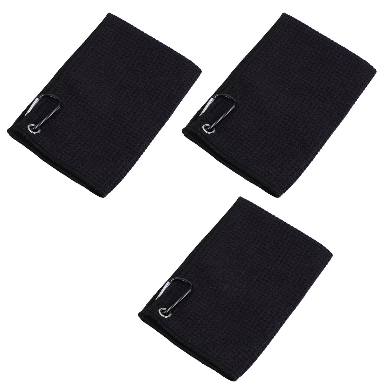 ADUDVLO 3-Pack Golf Towel Microfiber (40×40CM) Waffle Pattern Golf Cleaning Towels with Carabiner Clip & Hook and Loop Fastener Convenient for Golf Clubs (Black/Black/Black)