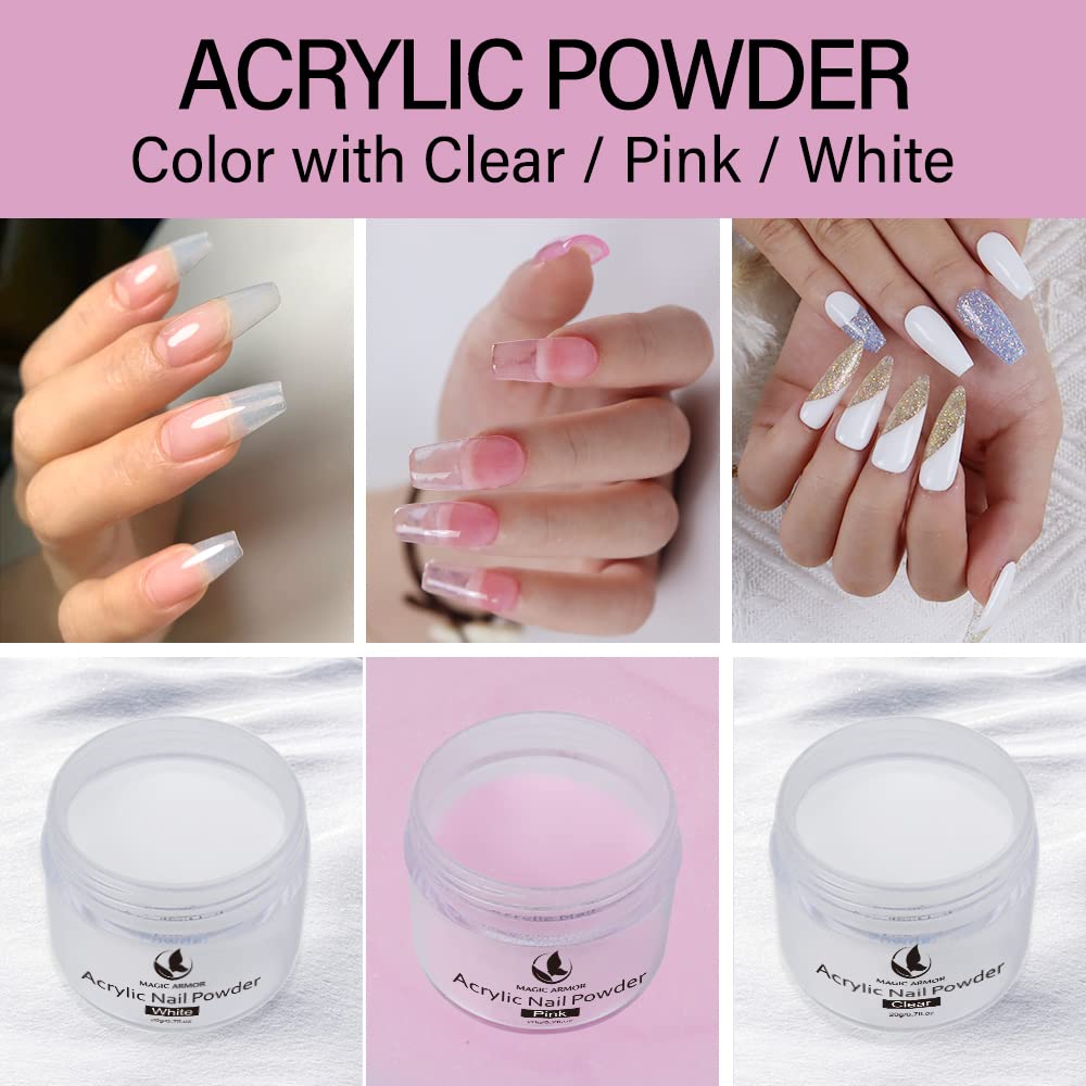 MAGIC ARMOR Set Polvere e 60ML Liquido Acrilico Per Unghie，3 Colori （Polvere Trasparente, Rosa, Bianco) 20g，Adatto a Principianti ed Esperti di Unghie Set Polvere e Liquidi Acrilici
