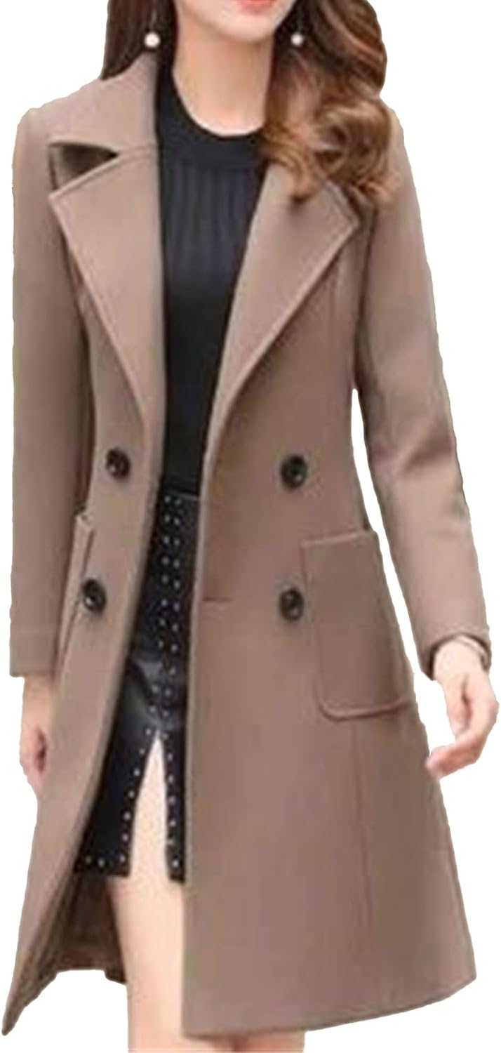 Maiyifu-GJ Women's Notched Lapel Double Breasted Long Wool Pea Coats Fall Winter Trench Coat Warm Overcoat Outerwear