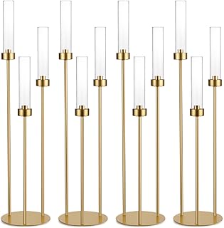 Vincidern 4pcs Gold Candelabra 3 Arm Taper Candle Holders with Acrylic Shades, Decorative Metal Candlestick Holders for Wedding Table Centerpiece, Halloween,Christmas, Party, Events Decor