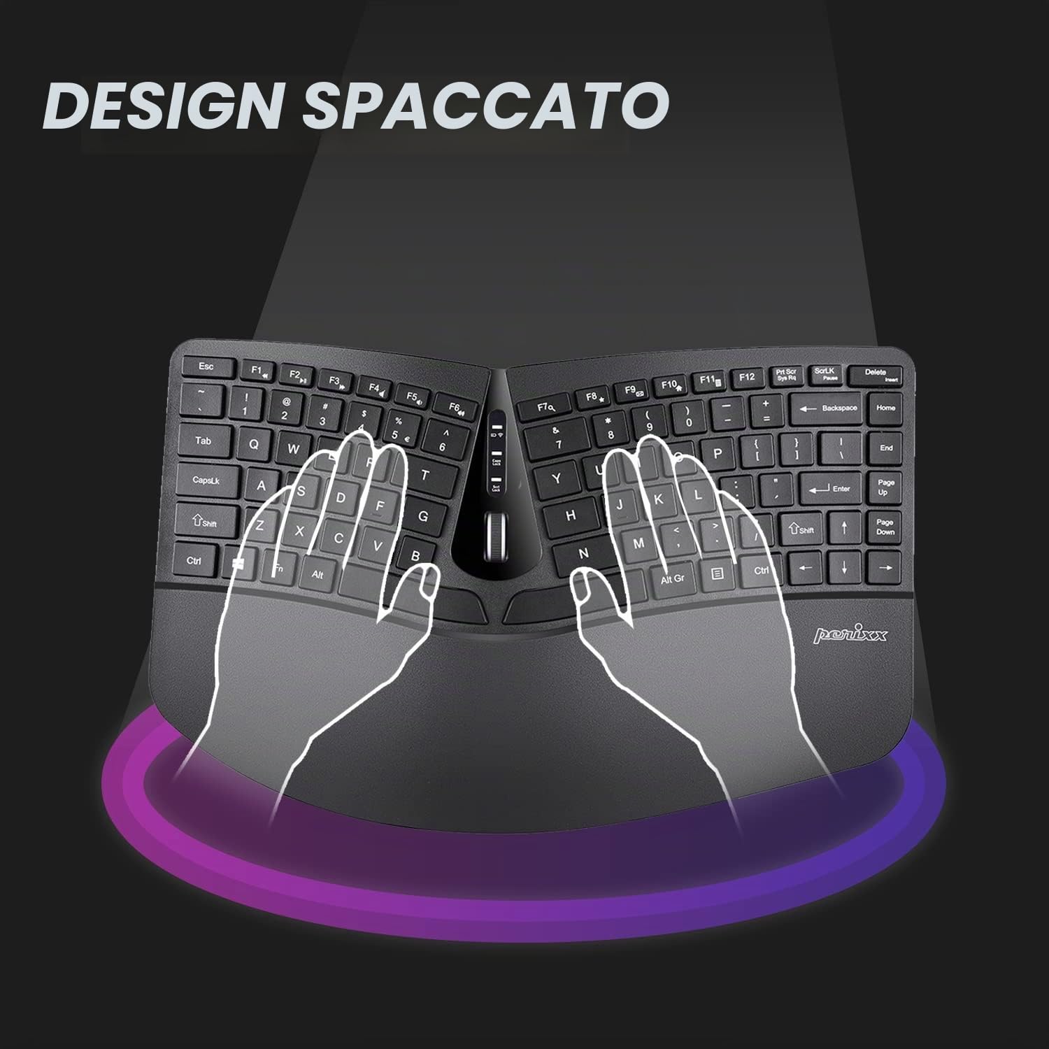 Perixx PERIDUO-606A, tastiera ergonomica compatta wireless 3 in 1 con mouse verticale e tastierino numerico, poggiapolsi regolabile, rotella inclinabile, tasti a basso profilo a membrana