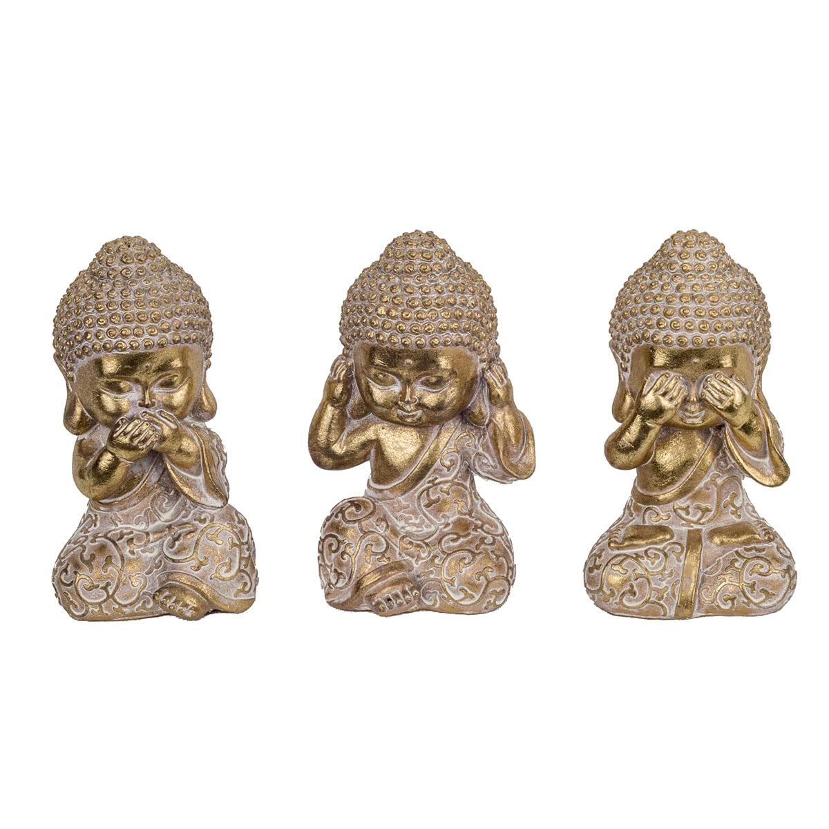 Caprilo Set de 3 Figuras Budistas Decorativas de Resina Budas No Veo, Oigo y Hablo Dorados Adornos y Esculturas. Regalos Originales. Decoración Hogar. 6,50 x 6,50 x 11,50 cm