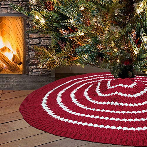 Lazyspace Red And White Halloween Christmas Tree Skirt Target Xmas Tree Skirt,Circle Stripe Knitting Tree Mat Decoration For Halloween Xmas New Year Holiday Party - 48 Inches #TOP6