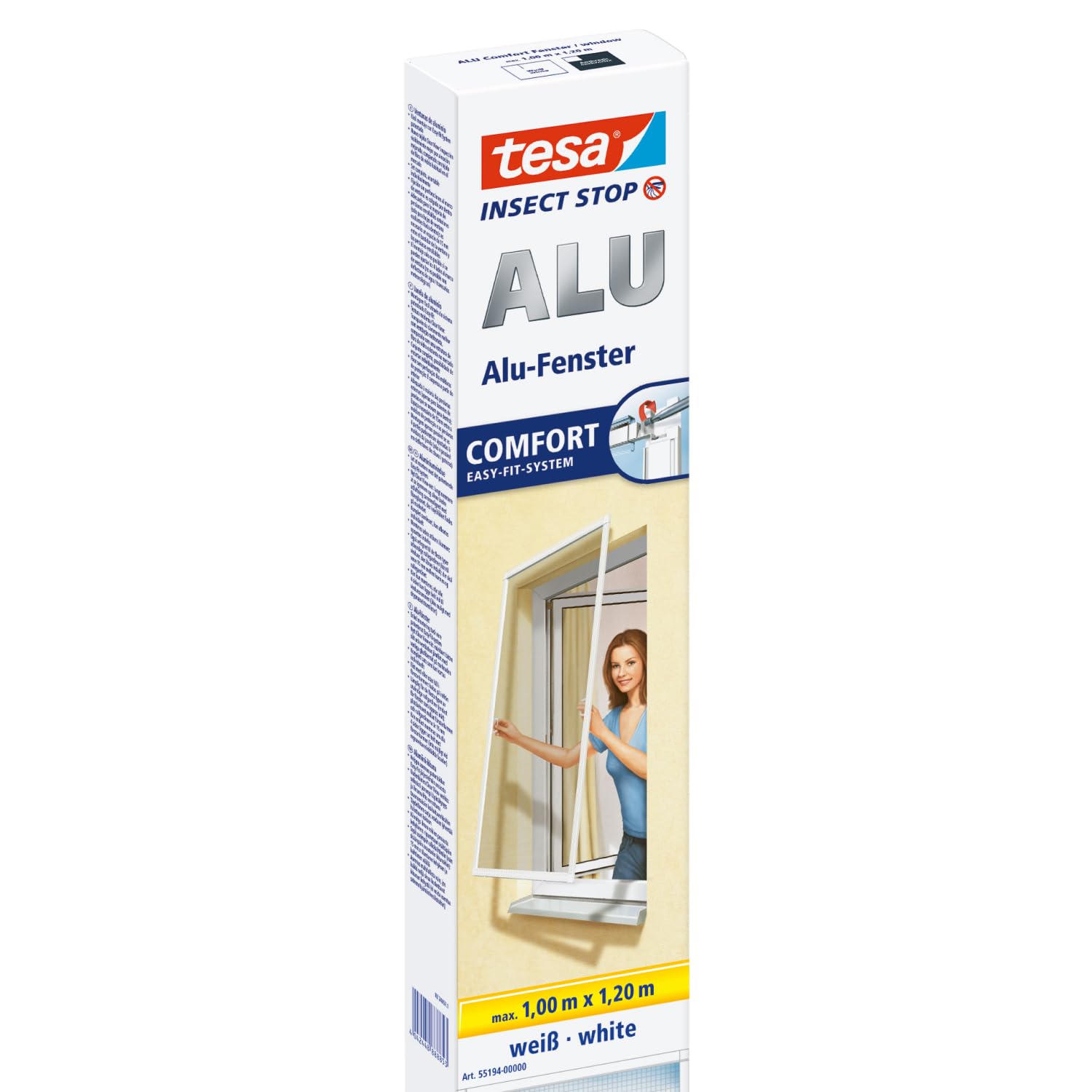 tesa Insect Stop ALU Comfort Fliegengitter für Fenster - Insektenschutz mit Rahmen aus Aluminium - Fliegen Netz ohne Bohren - Weiß, 100 cm x 120 cm