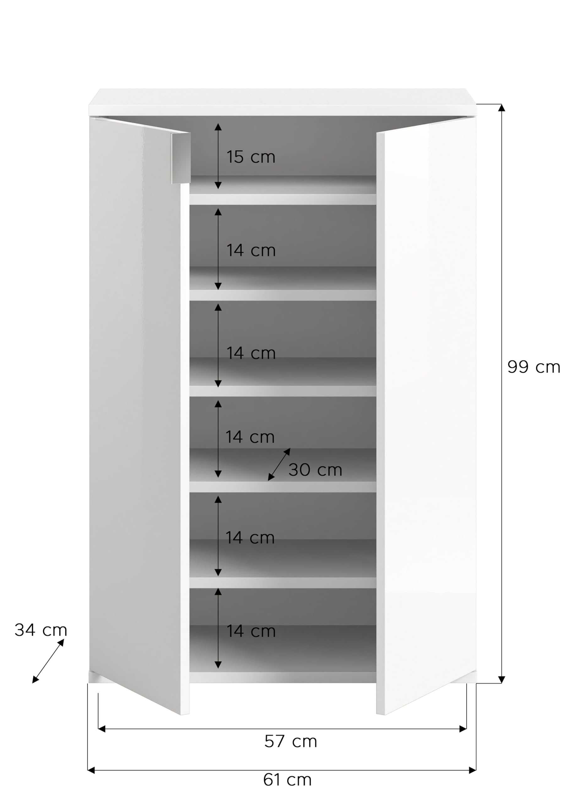 xonox.home - Schuhkommode Projekt X 61x99x34 cm in weiß und weiß Hochglanz - Highboard Schrank Anrichte Sideboard Beischrank - einfache Montage hochwertig verarbeitet – Bild 4