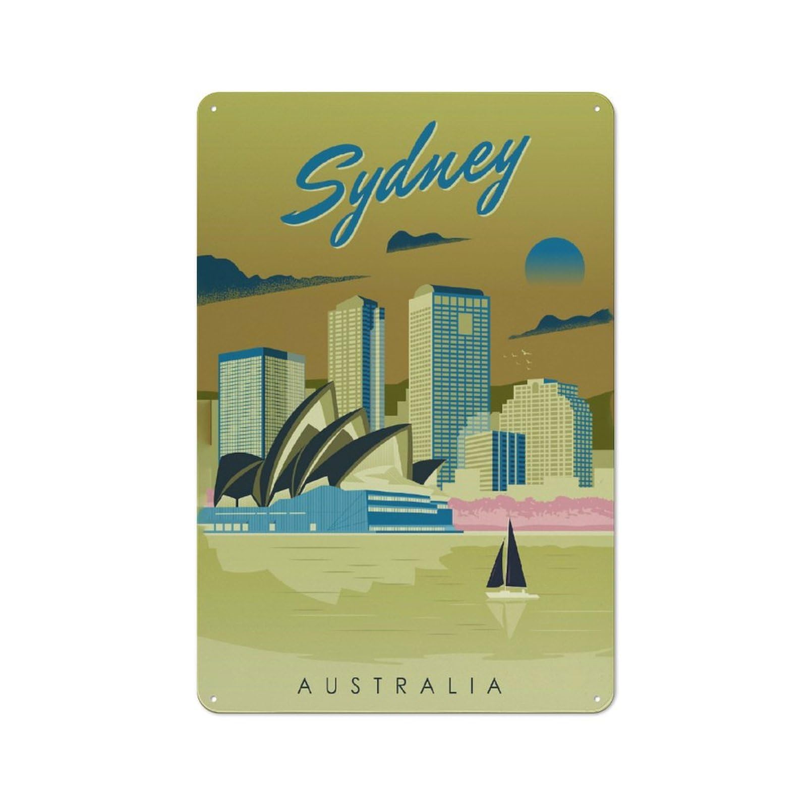 Junmoney Sydney Australia Travel 2 Vintage Tin Wall Plaque 30X20cm For Studio Or Craft Room, For Garage, Workshop And Man Cave Decoration