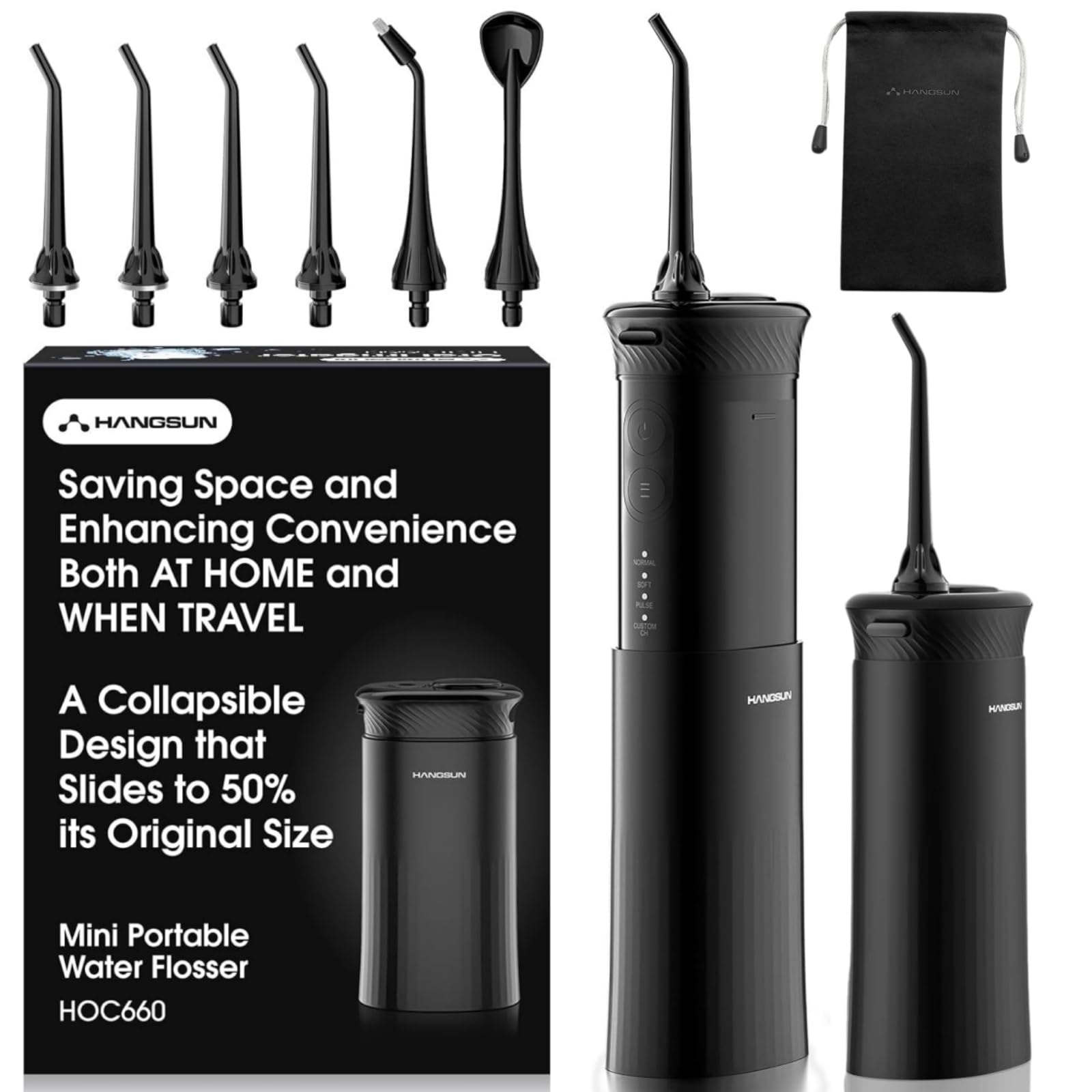 Hangsun Water Flosser Cordless Travel, Portable Water Teeth Cleaner Pick, Dental Flossers for Teeth Mini Electric Oral Irrigator HOC660 with Telescopic Tank & 6 Jet Tips,Home and Travel use